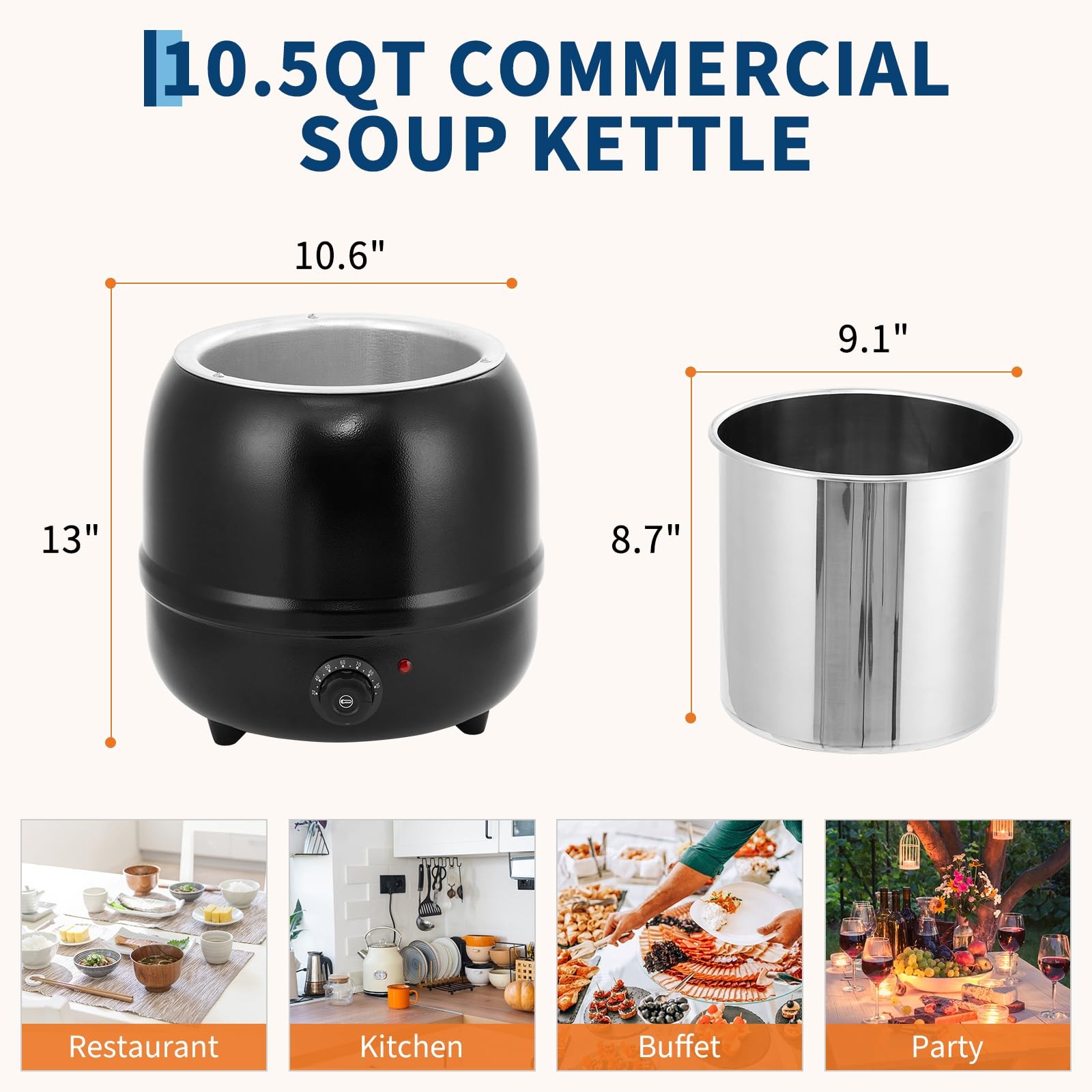10.5QT/13.7QT Electric Round Drum Soup Warmer w/ Knob-Controlled Adjustable Temp