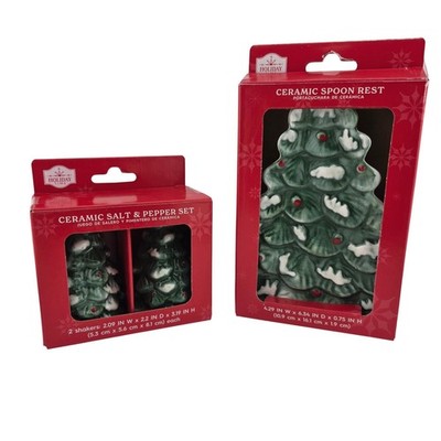 Holiday Time Ceramic Christmas Tree Salt Pepper Shakers Spoon Rest Set