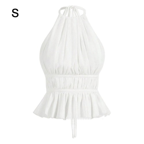 Polyester Backless Camisole Pleated Strap Camis Halter Neck Tank Tops Women - Picture 9 of 11