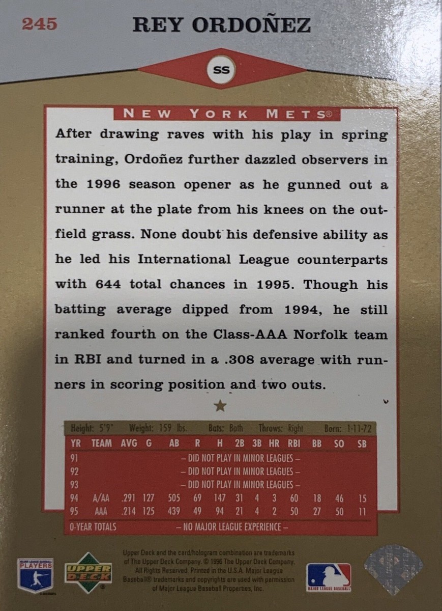 メジャーリーグ　カード　REY ORDONEZ 1998 Pacific Invincible Rey Ordonez New York Mets #122 | eBay