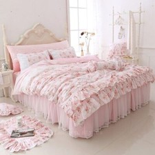 Floral Printed Princess Bedding Set Lace Ruffle Duvet Cover Bedspread Bed Skirt