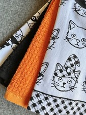 New Kassatex Halloween Cat Orange Black White Kitchen Towels Set of 4 - 26 x 16”