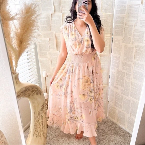 H&M Conscious Peach Pink Floral Chiffon Long Midi Floaty Summer Dress size  16 18 | eBay