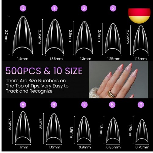 Nageltips Kurz Stiletto 500 Stücke Set, 10 Größen Nagel Tipps Acryl Fake Nail Na - Bild 5 von 7