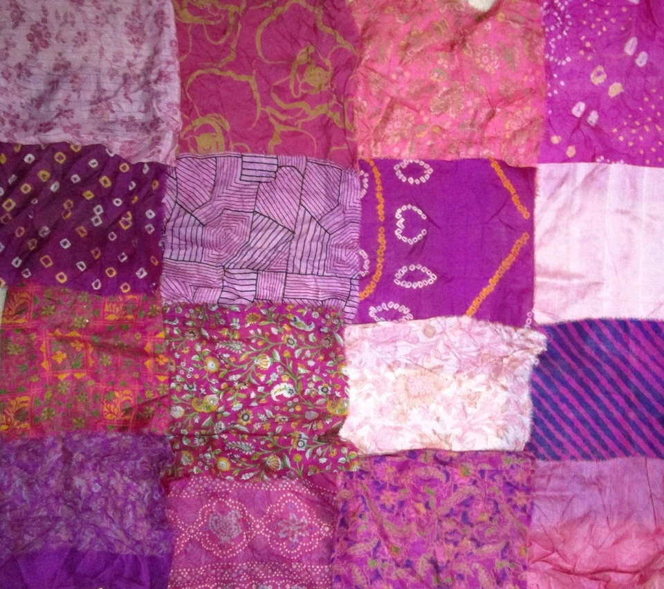 LOT PURE SILK Vintage Sari Fabrics REMNANT 16 pcs 8" SQUARES Pink Magenta CRAFT - Image 3 of 4