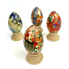 Lot 4 Vtg Paper Mache wooden eggs Retro Easter d cor colorful orange red blue