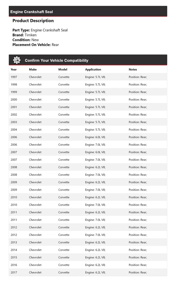 Para Chevrolet Corvette 1997-2004, 2006-2017 Motor Cigüeñal Sello Trasero Timken Foto 2 de 4