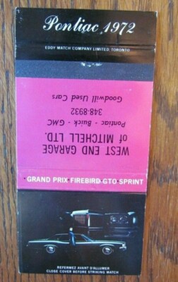 1972 WEST END PONTIAC CAR DEALER MATCHBOOK MATCHCOVER: MITCHELL, ONTARIO -E19
