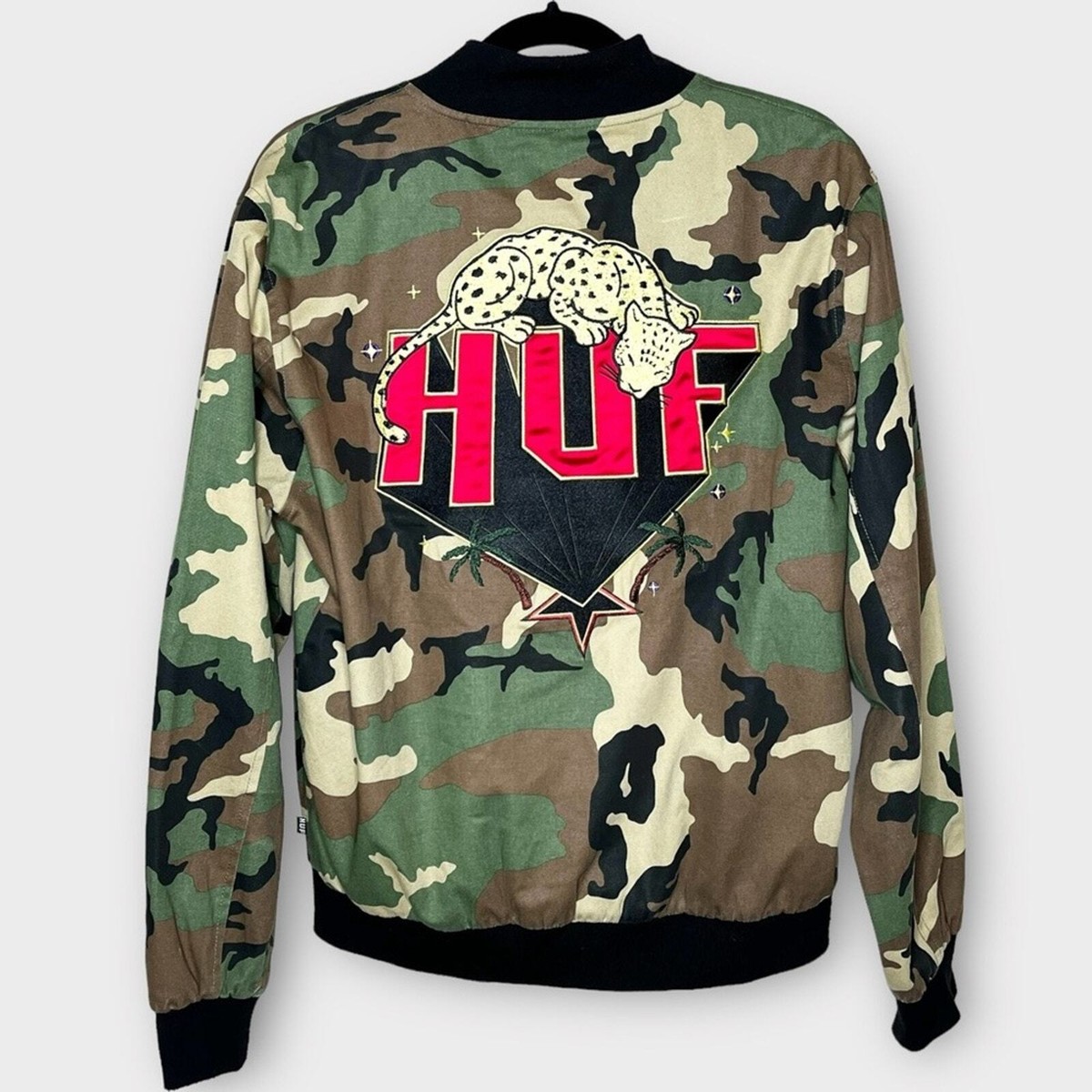 HUF kingston camo bomber jacket embroidered cheetah leopard HUF kingston camo bomber jacket embroidered cheetah leopard