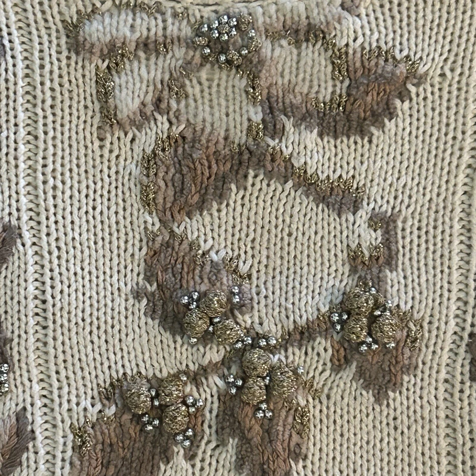 Suéter de Navidad MARIA CHRISTINA PS Marfil Dorado Metálico Cuentas 1996 Excelente Foto 3 de 4