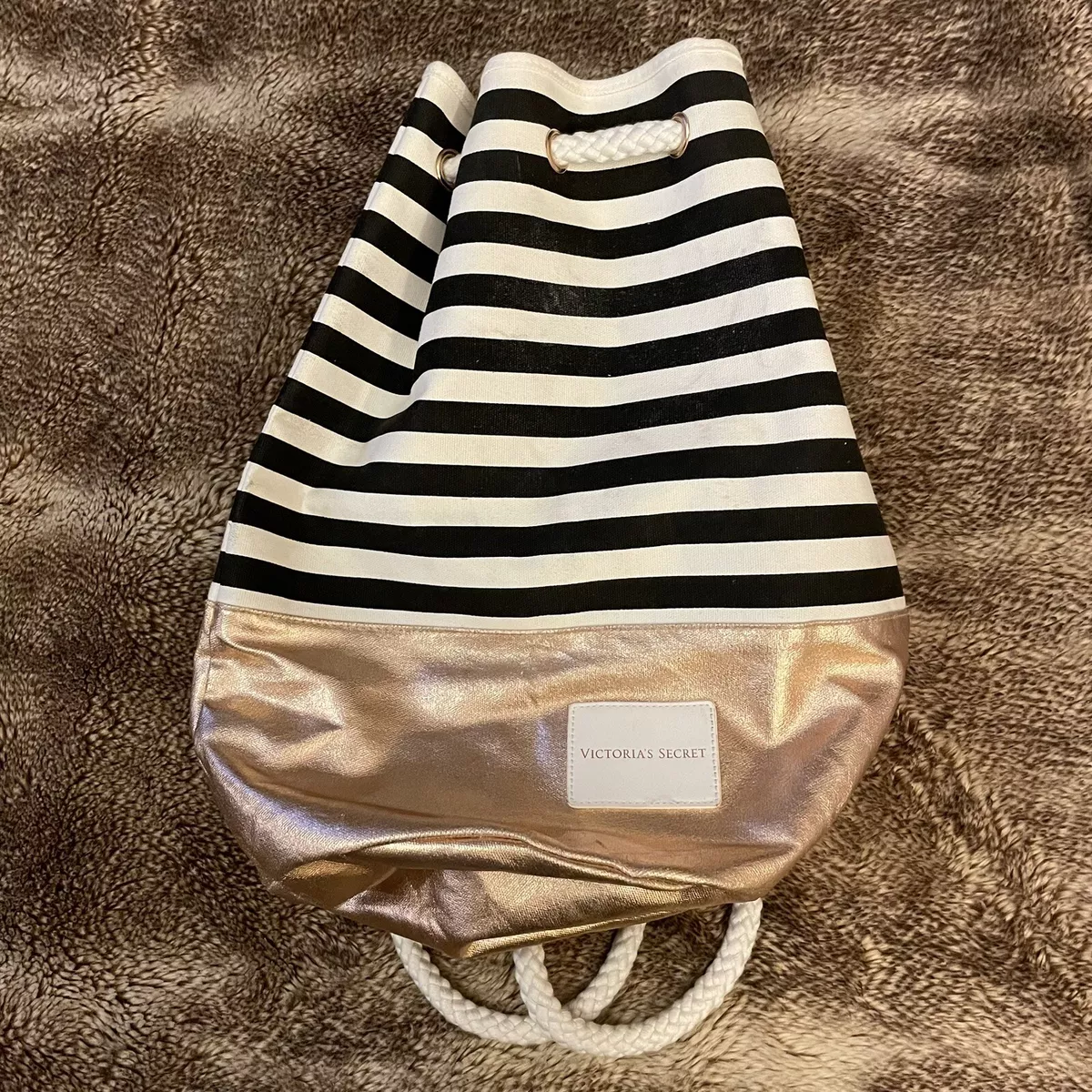 Victoria Secret Navy Stripe Rose Gold Backpack Bucket Bag Purse Nautical NWT