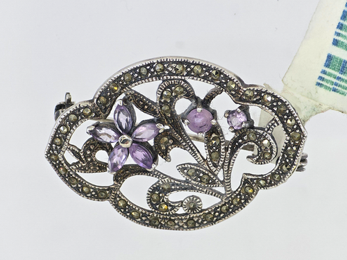 ART DECO DESIGN GENUINE AMETHYST & MARCASITE STERLING FLORAL PIN BROOCH NWT - Picture 9 of 15