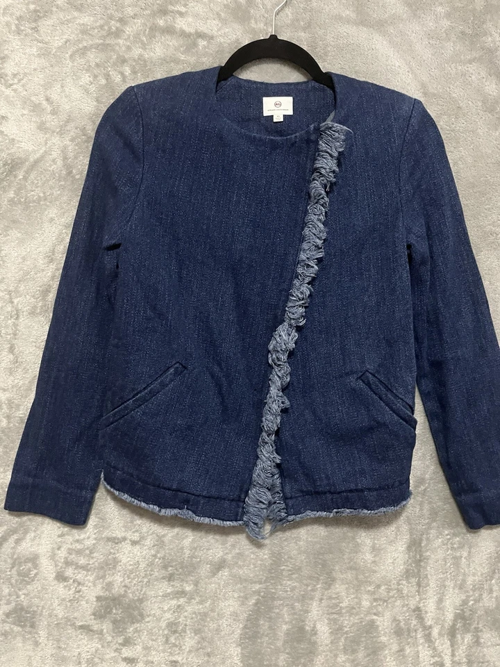 Blazer Chaqueta AG Adriano Goldschmied Azul Lavado Oscuro XS Dobladillo Crudo Cremallera Frontal Foto 2 de 4