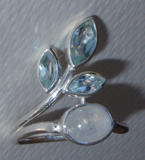 925 Sterling Silver Moonstone Blue Topaz Leaf Bypass Ring - Select size