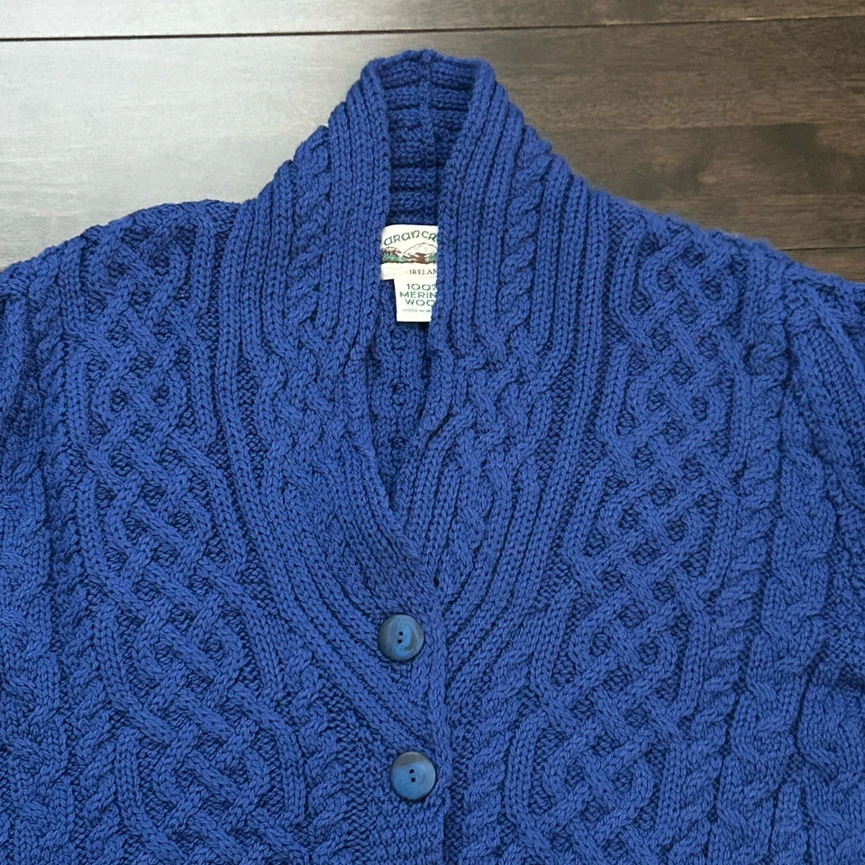 Aran Crafts Sweater Womens Medium Irish Cable Knit Button Front Cardigan Blue - Image 3 of 4