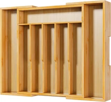 Expandable Bamboo Silverware Organizer for Kitchen Drawer Utensils Storage