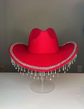 Red and Pink Rhinestone Cowgirl Hat with Fringe Sparkly Western Cowboy Hat for