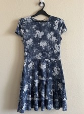 Michael Kors Women's S Blue White Floral Crew Neck Short Sleeve A-Line Dress