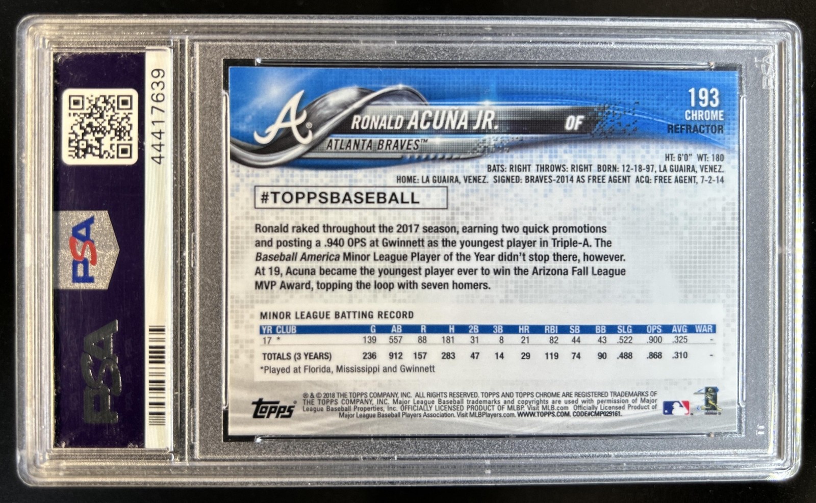 2018 Topps Chrome Ronald Acuna Jr. Pink Refractor Rookie RC #193 Braves PSA 10 view 2