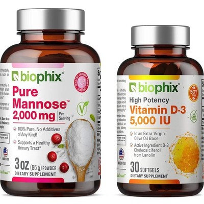 Biophix Pure Mannose Powder 2000 mg 3 oz - Free Vitamin D-3 5000 IU 30 softgels