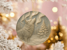 Ceramic Wolf Ornament under Northern Lights Winter Forest Spirit Animal Gift