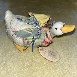 Christine Victoria Handmade Porcelain Goose Figurine with Floral Accents And Bow