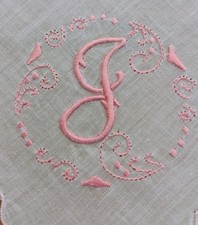 Vgt J Monogram Pink Embroidery White Cotton Scalloped Hankie Handkerchief