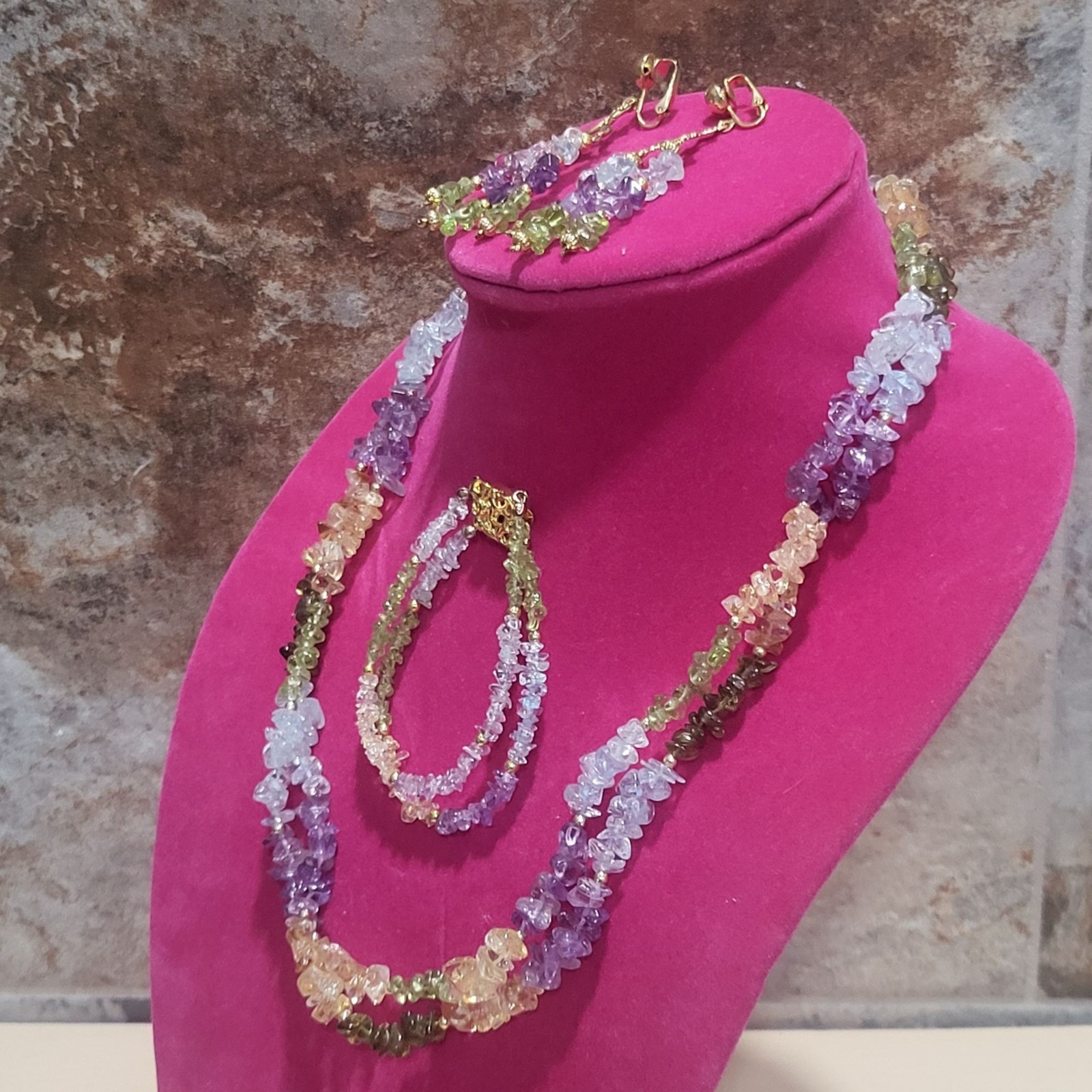 Multi Colored Gemstone Chip Necklace Bracelet Ear… - image 4