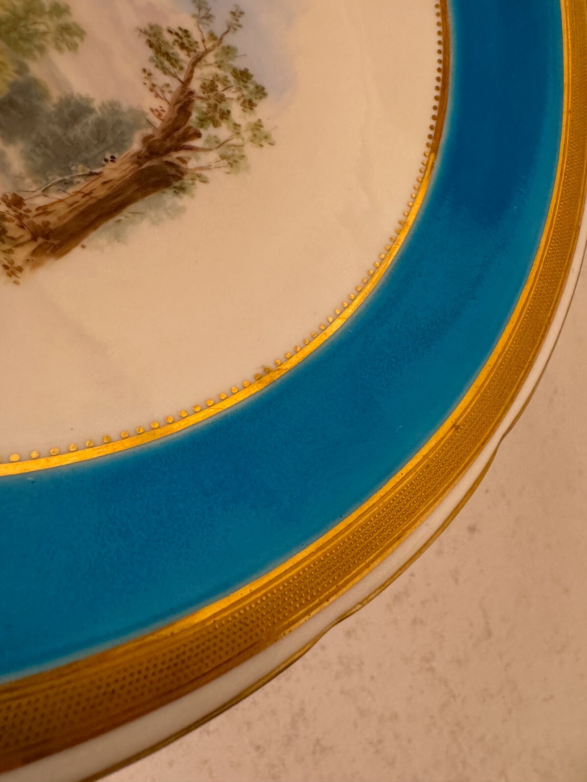 Antique Minton Porcelain Compote Blue Gold & Painted Landscape Scenes Decoration