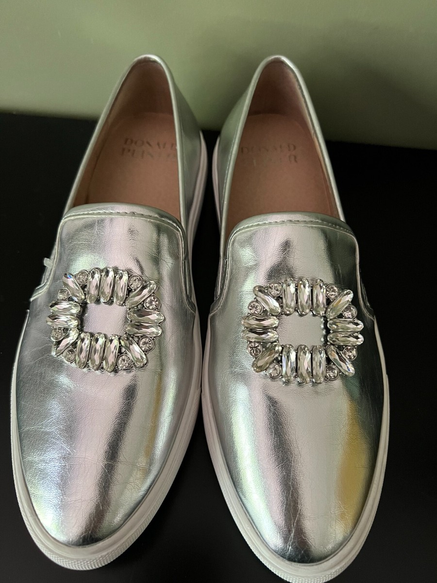 NEW Donald Pliner Silver Crystal Stone Buckle Loafers Flats 