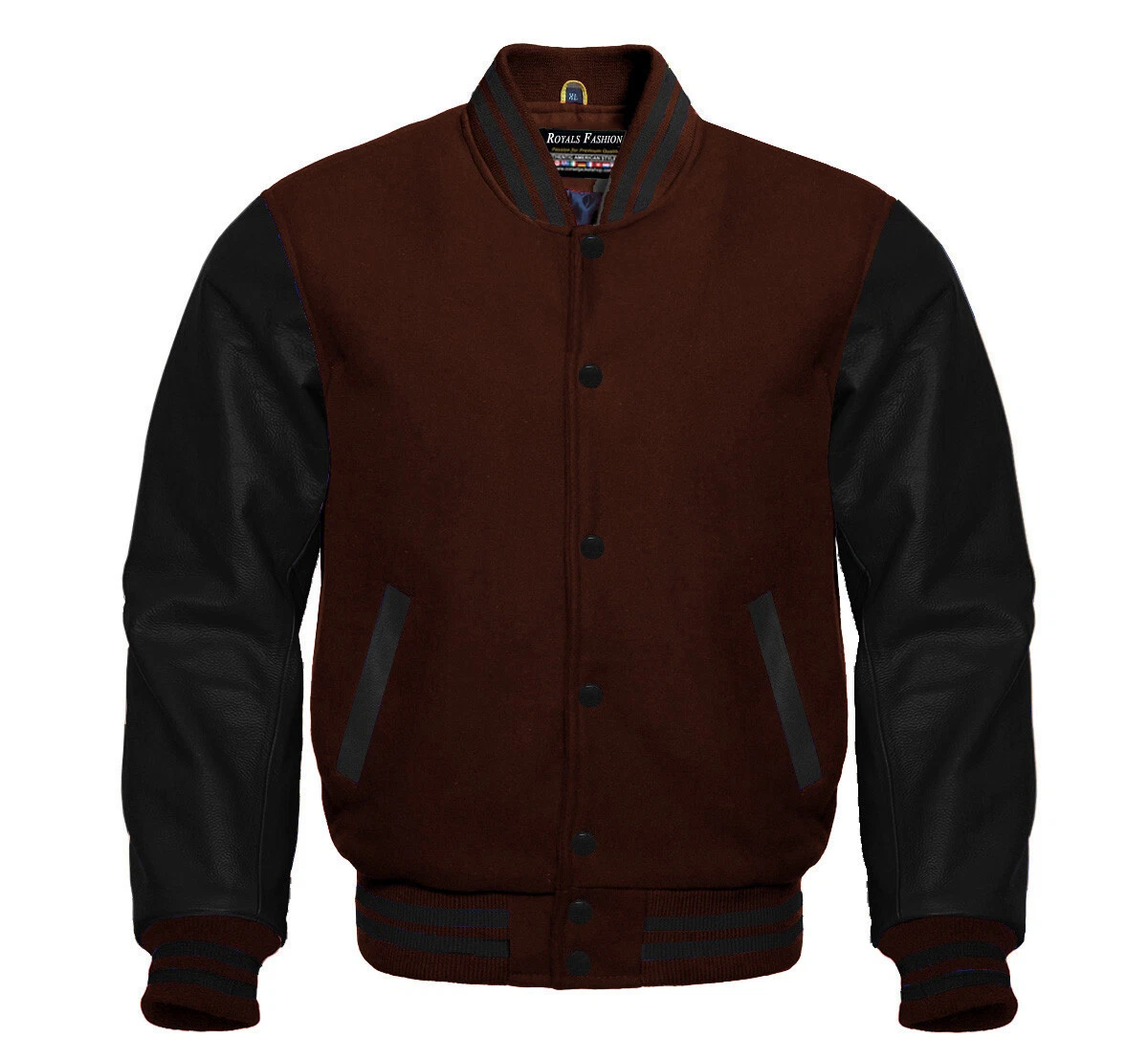 Men's Letterman Basketball Varsity Dark Brown Wool Black Leather Sleeves Jacket.
