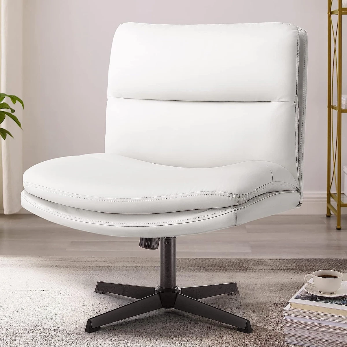 Armless Office Desk Chair No Wheels,Pu Leather Criss Cross Legged