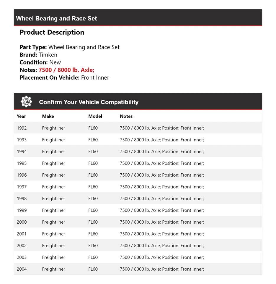 Para 1992-2004 Freightliner FL60 rolamento de roda e conjunto de corrida dianteiro interno Timken - Imagem 2 de 3