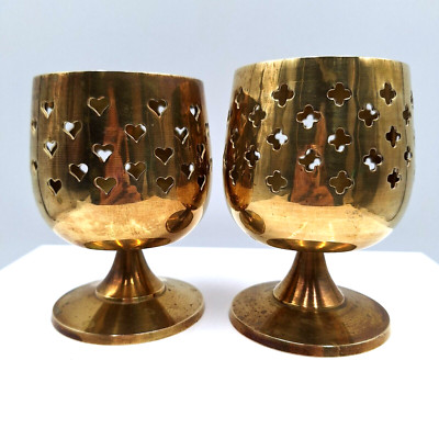 Brass Votive Candle Holders Set of 2 Goblet Style Tealight Morrocan & Heart