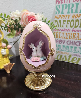 Easter Diorama Pink Gold Egg Pedestal Bunny Rabbit Resin Figurine Decor 8.5''