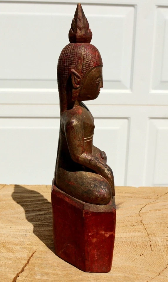 Rare 19c Burmese Shan Buddha Statue Gold Gilt wood red base 11 1/2" X 5" X 3"  - Image 2 of 4