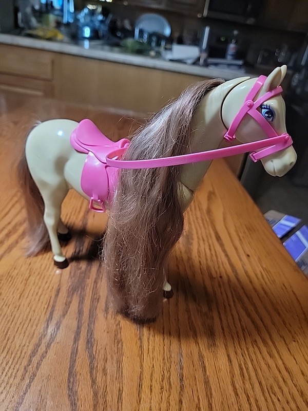 Barbie Plastic 11" Horse W/Brown Mane,Original Saddle And Bridle, Moveable Head