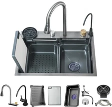 Stainless Steel Frying Rain Kitchen Sink Single Slot with Pull Out Facuet Mixer