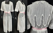 Edwardian Sheer White Net Cotton Batiste Embroidered Pink Ribbon Tea Dress VTG
