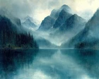 Foggy Lake Mountains Landscape Oil Painting 20x16 Print On Canvas