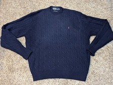 Vintage Polo Ralph Lauren Cable Knit Wool Sweater Mens L Navy Lambswool 90s