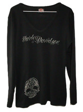 Harley-Davidson Women's XL Black Long Sleeve V-Neck Rhinestone Skull T0350