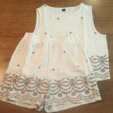 Women's Cream/Navy/Brown Floral 2-Piece Tank  Elastic Waist Shorts Set M