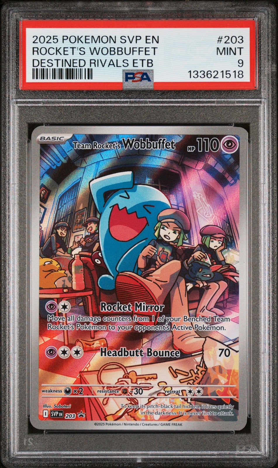 2025 POKEMON SVP EN-SV BLACK STAR PROMO #203 TEAM ROCKET'S WOBBUFFET PSA 9