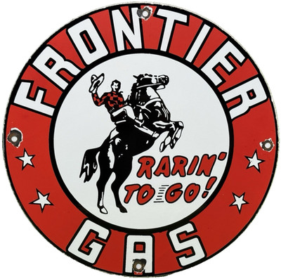 VINTAGE FRONTIER GASOLINE PORCELAIN SIGN GAS STATION MOTOR OIL BUCKING BRONCO