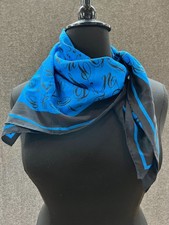 31x32.5 100 silk square scarf royal blue black trim black cursive letters neck