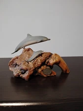 Vintage John Perry Pair Of Dolphins Sculpture on Burlwood Artist