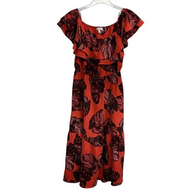 Sofia Jeans Dress Womens Large Red Leaf Print Ruffle Off Shoulder Midi