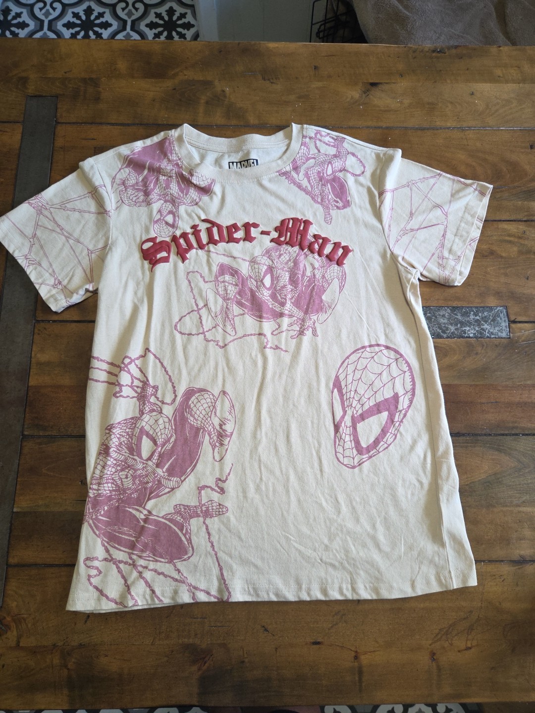 Marvel Spider Man Shirt Large L All Over Print AOP Pink White Graphic Tee