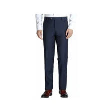 Men Renoir Flat Front Pants 100% Wool Super 140's Classic Fit 508-19 Navy Blue